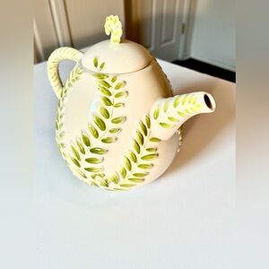 Pottery Barn Fern Leaf Pattern Cream and Green Teapot